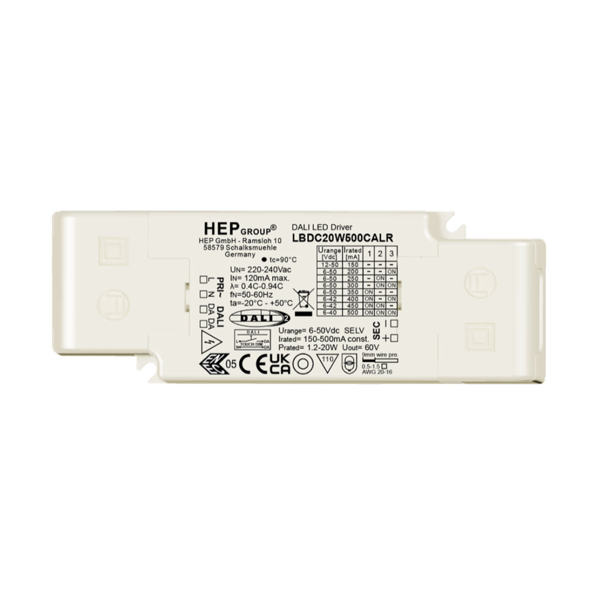 DRIVER LED CC 20W 500mA DIMMABLE DALI-2 DT6 TOUCHDIM DIP-SWITCH | LBDC20W500CALR-Z