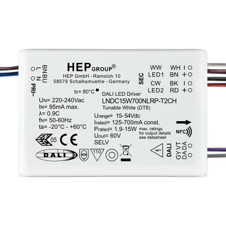 DRIVER LED CC 15W 700mA DIMMABLE DALI-2 DT8 TUNABLE WHITE NFC | LNDC15W700NLRP-T2CH