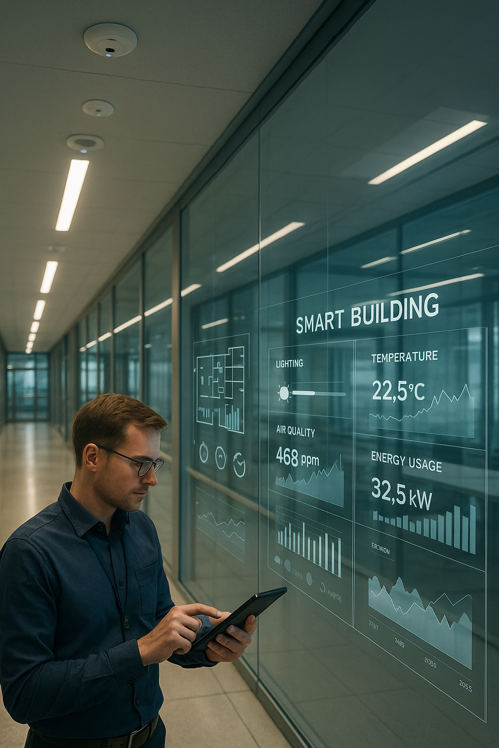 Profesional utilizando una tablet frente a panel de control de un edificio inteligente con indicadores de iluminación, temperatura y consumo energético