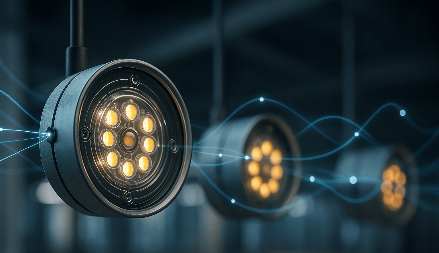 Primer plano de una luminaria LED moderna conectada mediante sistema DALI y red inalámbrica IoT, representando la iluminación inteligente según la EPBD