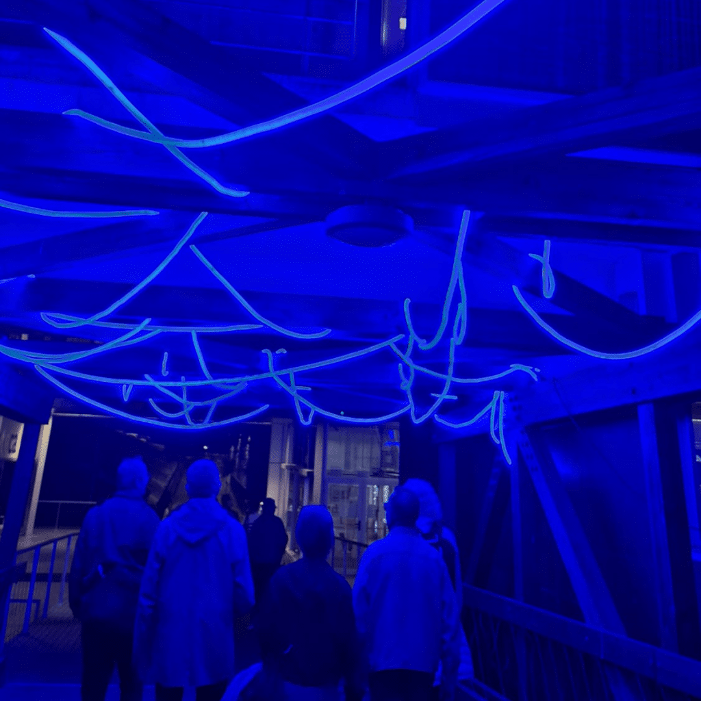 Visitantes bajo una instalación de luz azul en Encén Montilivi 2025